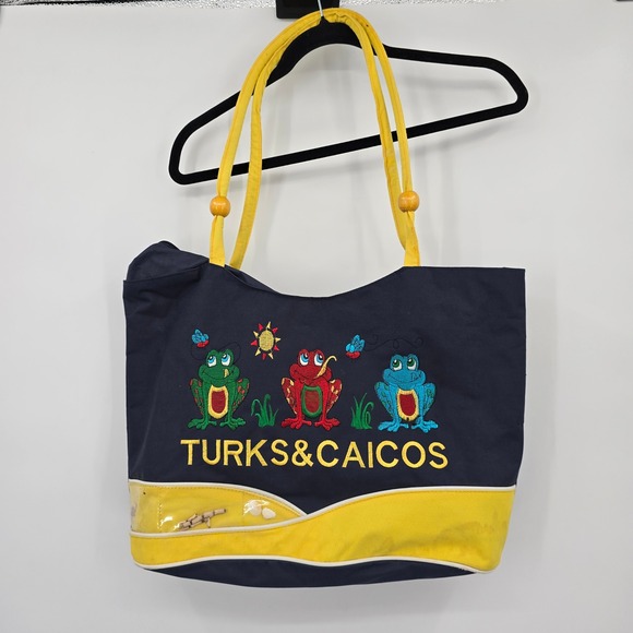 Turks & Caicos Tote Bag Embroidered Frogs Beach Sea Shells Novelty Fun - Picture 1 of 11